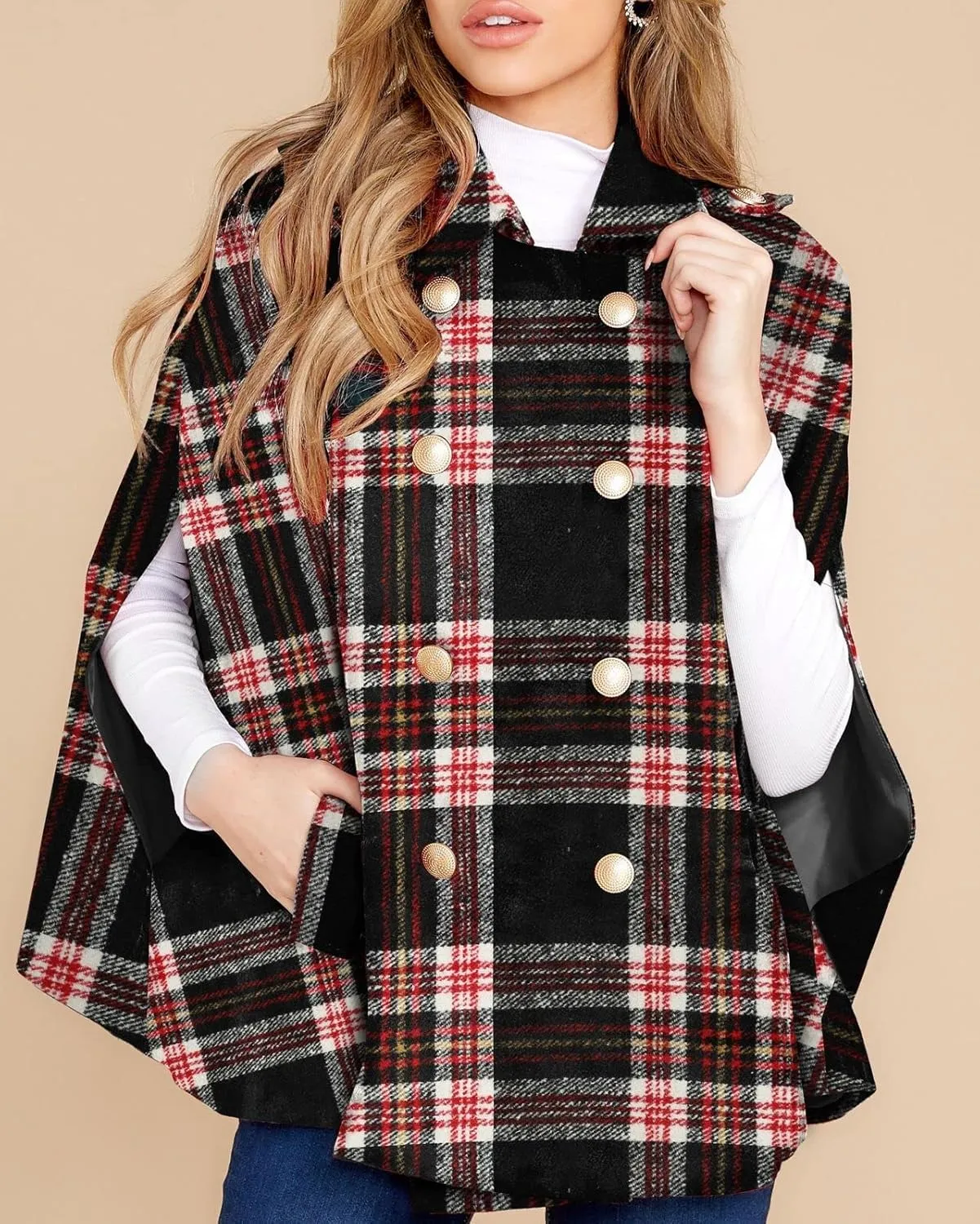 Womens Plaid Jacket Double Breasted Winter Cape Coats Turn Down Poncho with Pockets