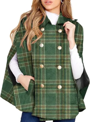 Womens Plaid Jacket Double Breasted Winter Cape Coats Turn Down Poncho with Pockets