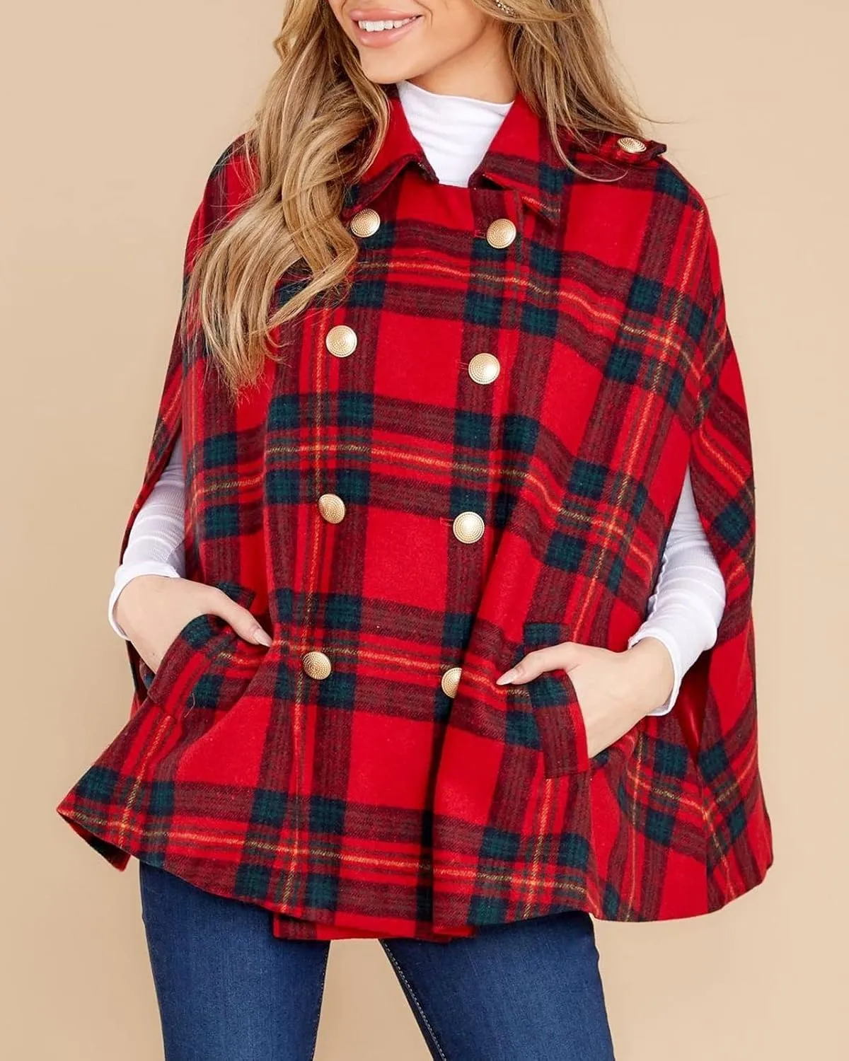 Womens Plaid Jacket Double Breasted Winter Cape Coats Turn Down Poncho with Pockets