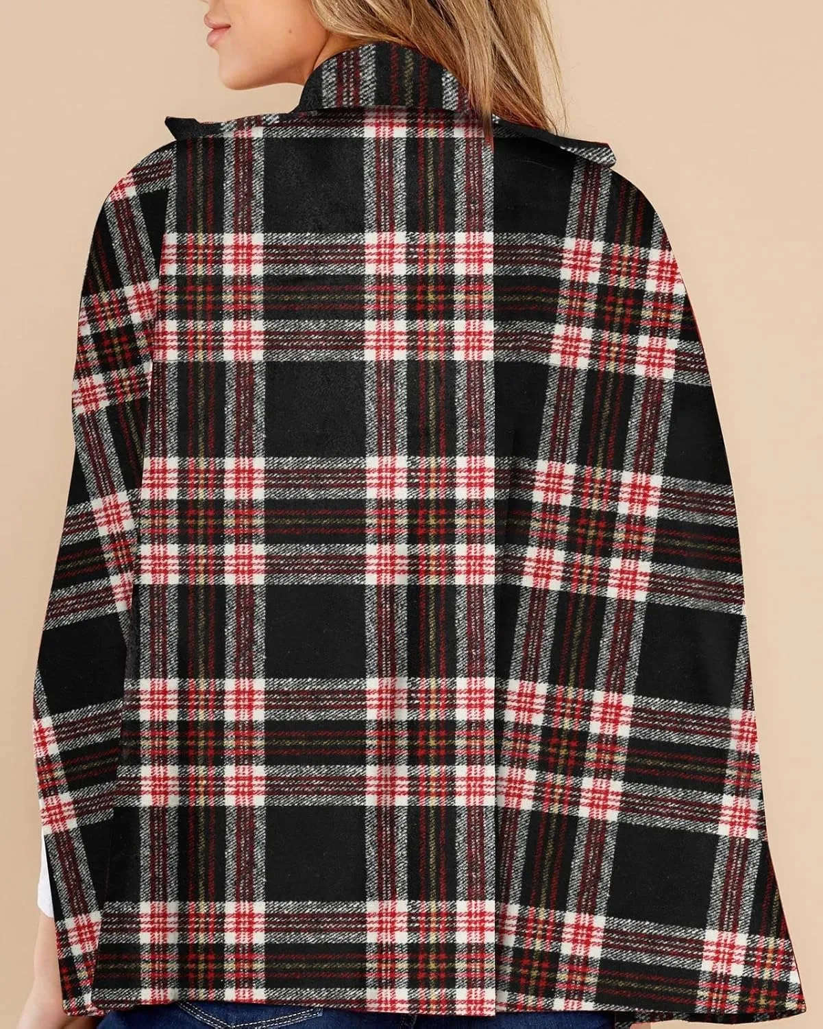 Womens Plaid Jacket Double Breasted Winter Cape Coats Turn Down Poncho with Pockets