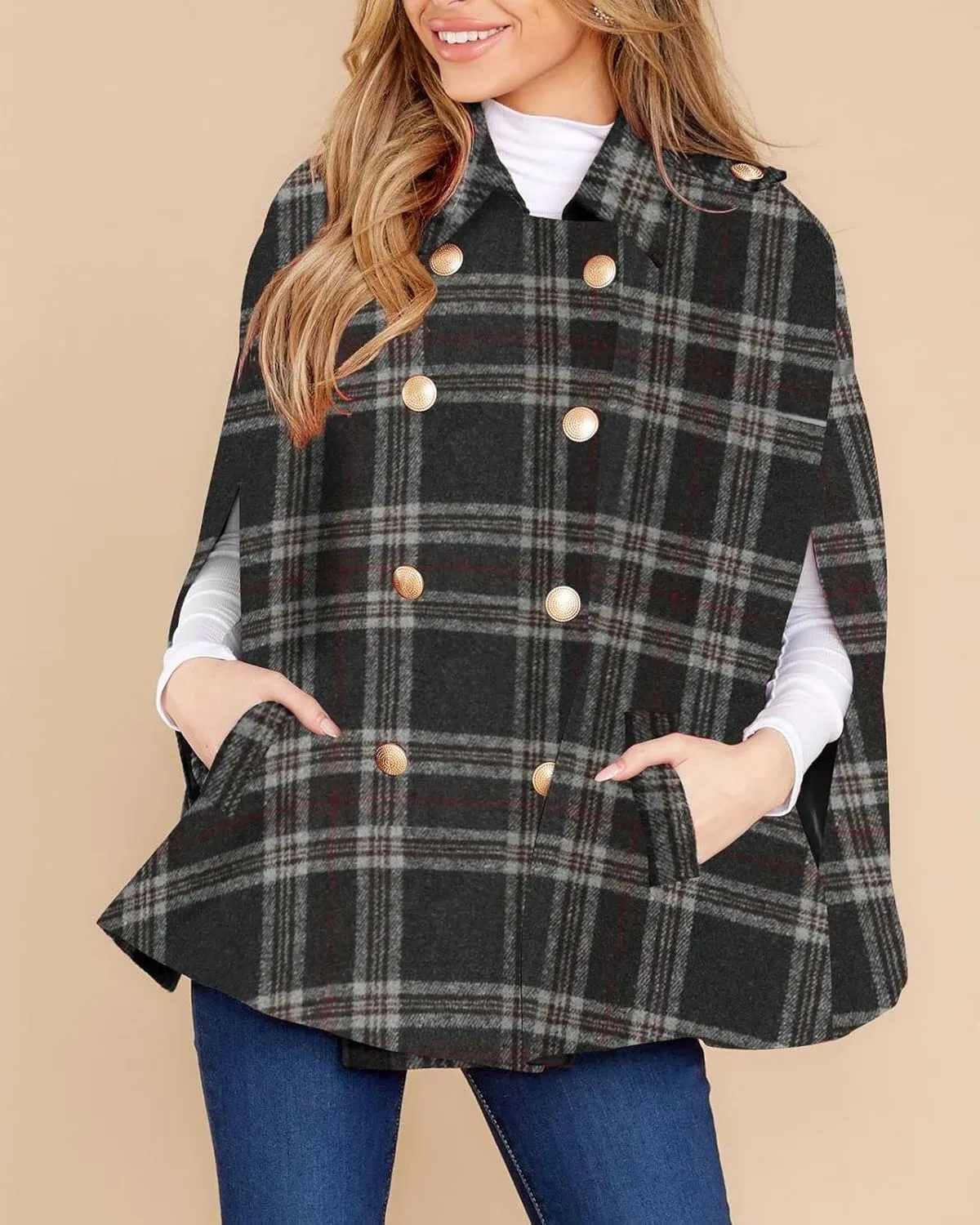 Womens Plaid Jacket Double Breasted Winter Cape Coats Turn Down Poncho with Pockets