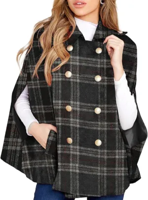 Womens Plaid Jacket Double Breasted Winter Cape Coats Turn Down Poncho with Pockets
