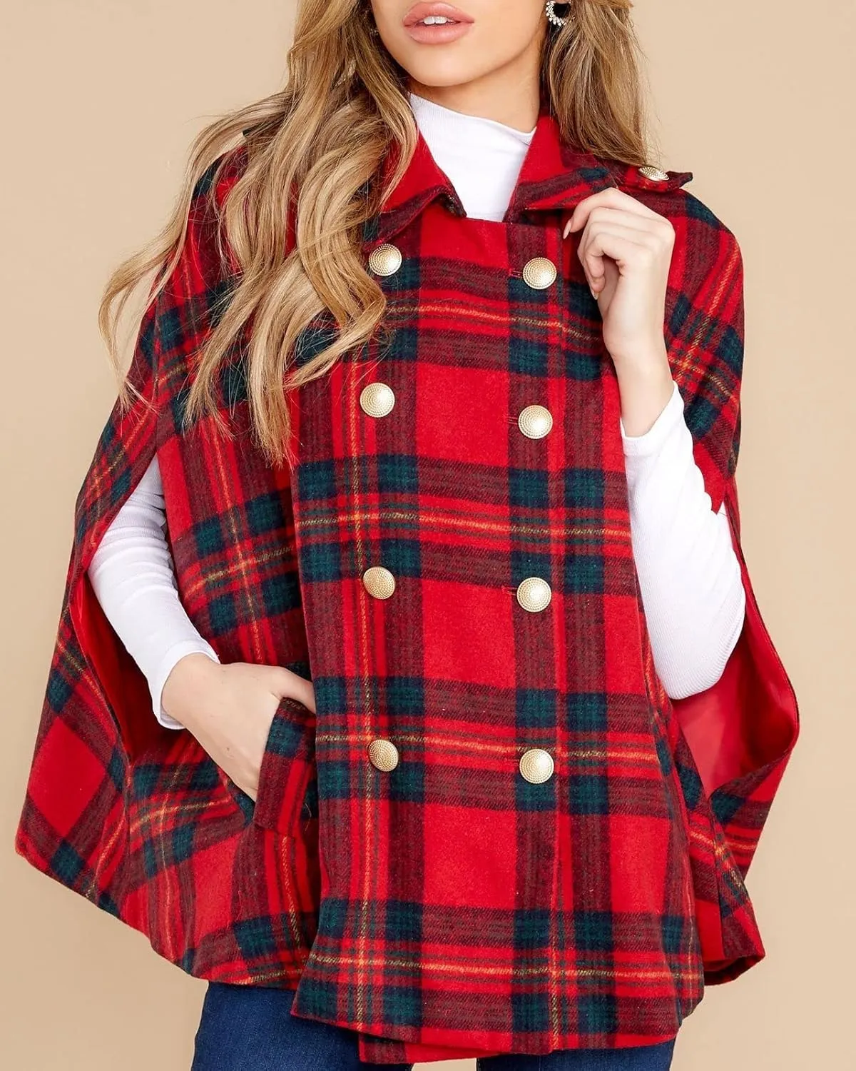 Womens Plaid Jacket Double Breasted Winter Cape Coats Turn Down Poncho with Pockets