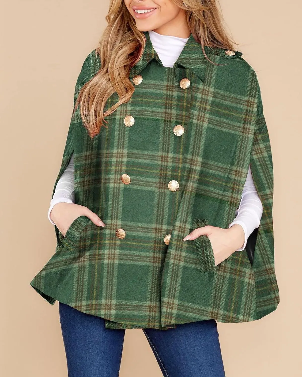 Womens Plaid Jacket Double Breasted Winter Cape Coats Turn Down Poncho with Pockets