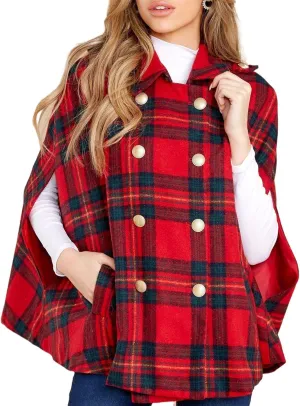 Womens Plaid Jacket Double Breasted Winter Cape Coats Turn Down Poncho with Pockets
