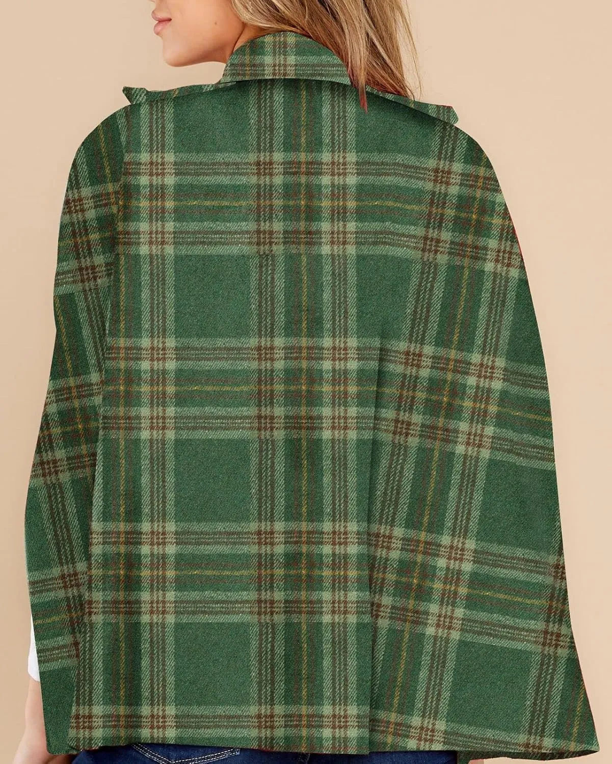 Womens Plaid Jacket Double Breasted Winter Cape Coats Turn Down Poncho with Pockets