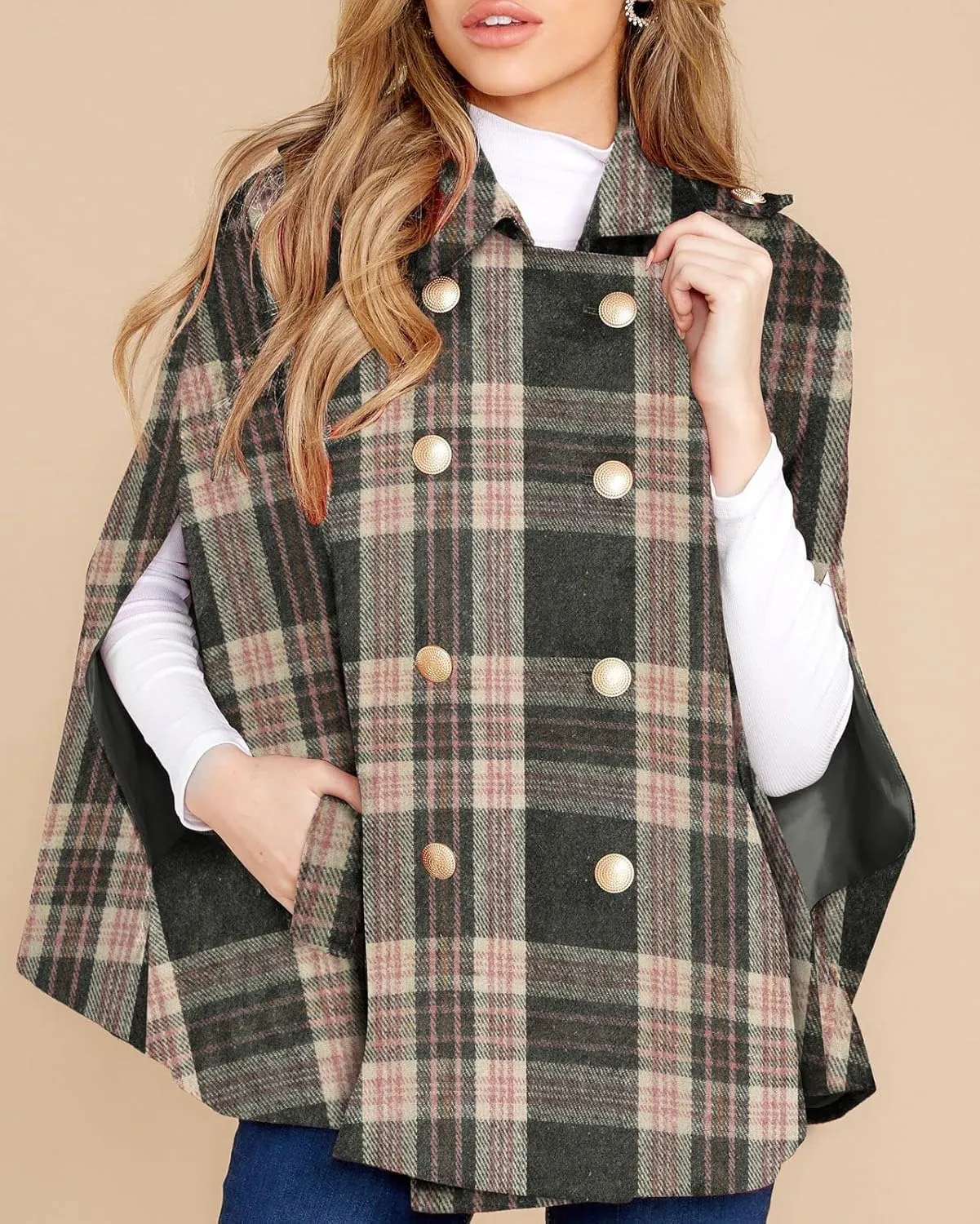 Womens Plaid Jacket Double Breasted Winter Cape Coats Turn Down Poncho with Pockets