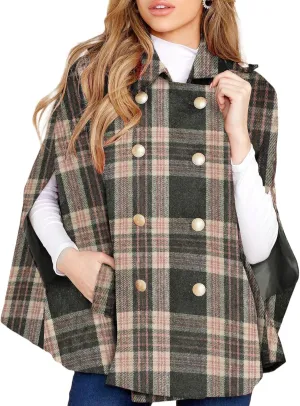 Womens Plaid Jacket Double Breasted Winter Cape Coats Turn Down Poncho with Pockets