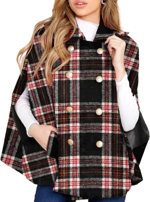 Womens Plaid Jacket Double Breasted Winter Cape Coats Turn Down Poncho with Pockets
