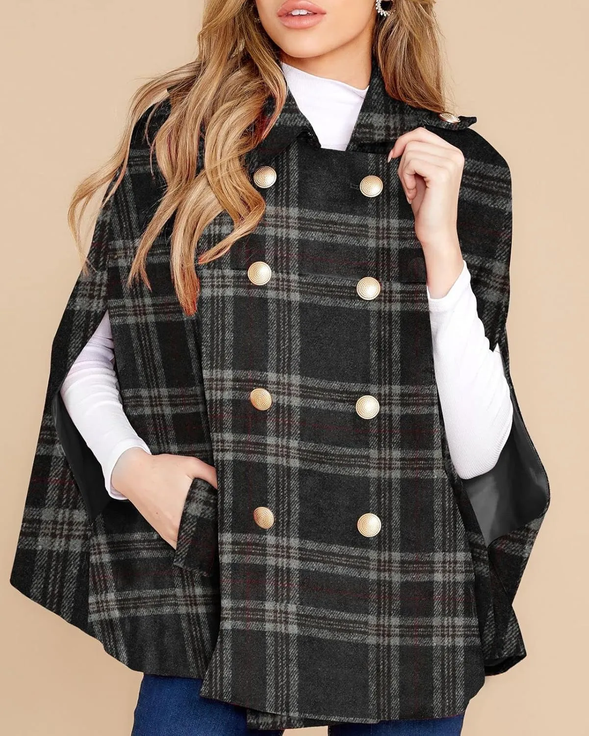 Womens Plaid Jacket Double Breasted Winter Cape Coats Turn Down Poncho with Pockets