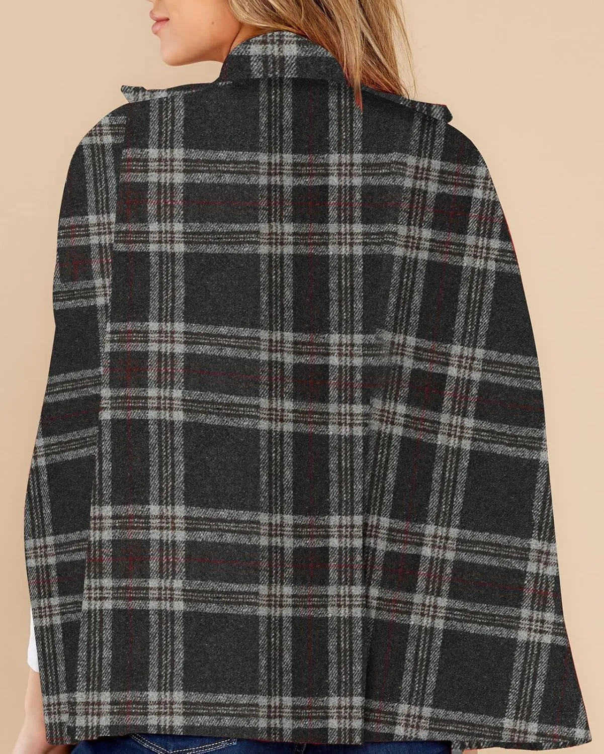 Womens Plaid Jacket Double Breasted Winter Cape Coats Turn Down Poncho with Pockets
