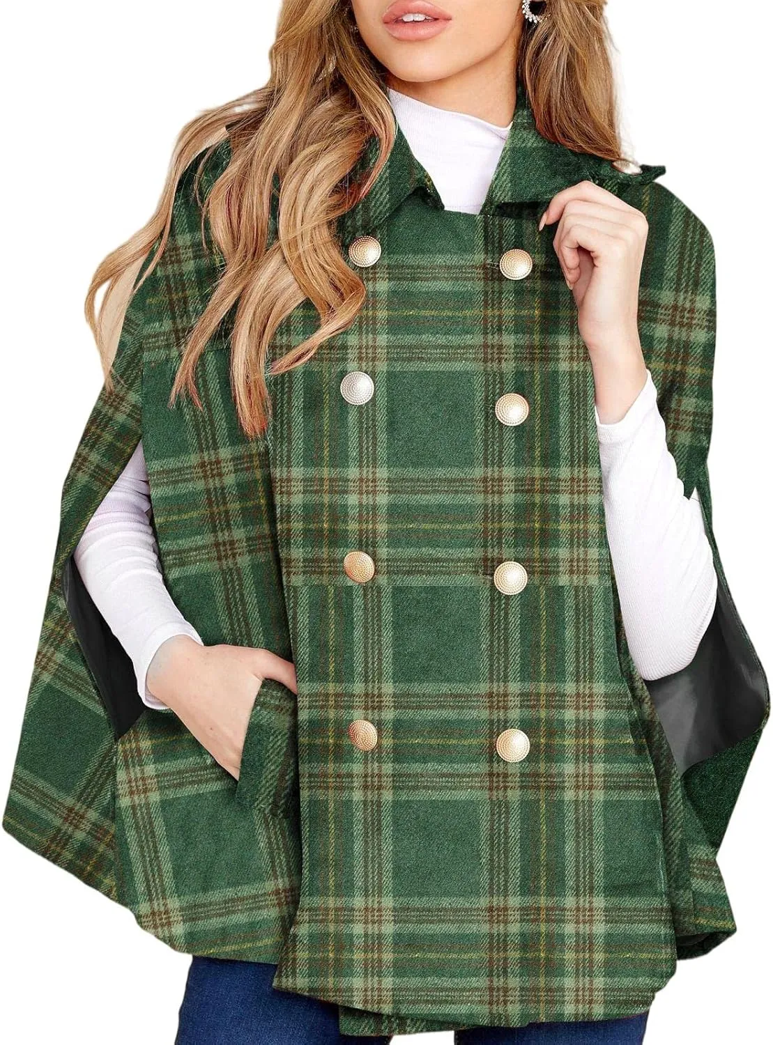 Womens Plaid Jacket Double Breasted Winter Cape Coats Turn Down Poncho with Pockets
