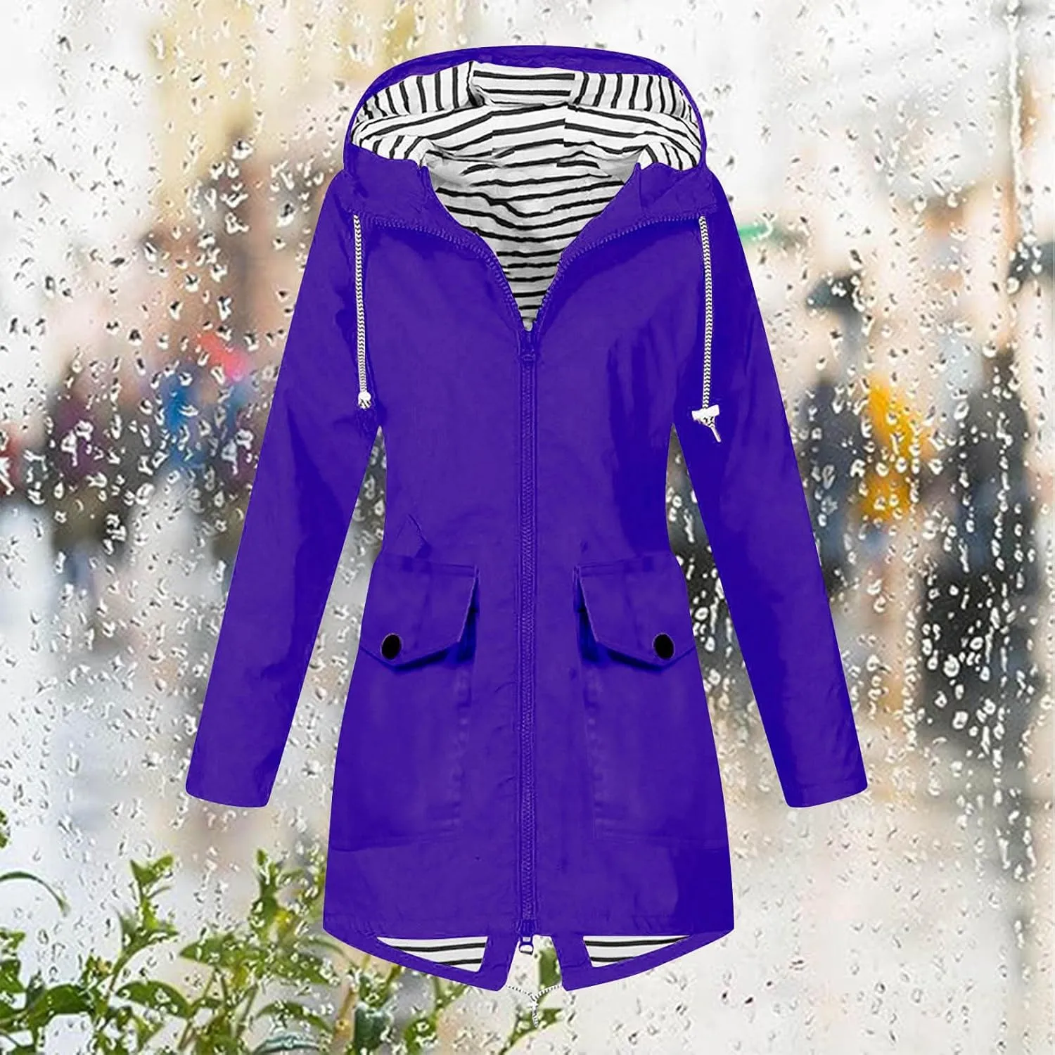 Women's Raincoat Windbreaker Zipper Hoodies Rain Jacket Waterproof Lightweight Outdoor Rain Coat Hooded Trench Coats