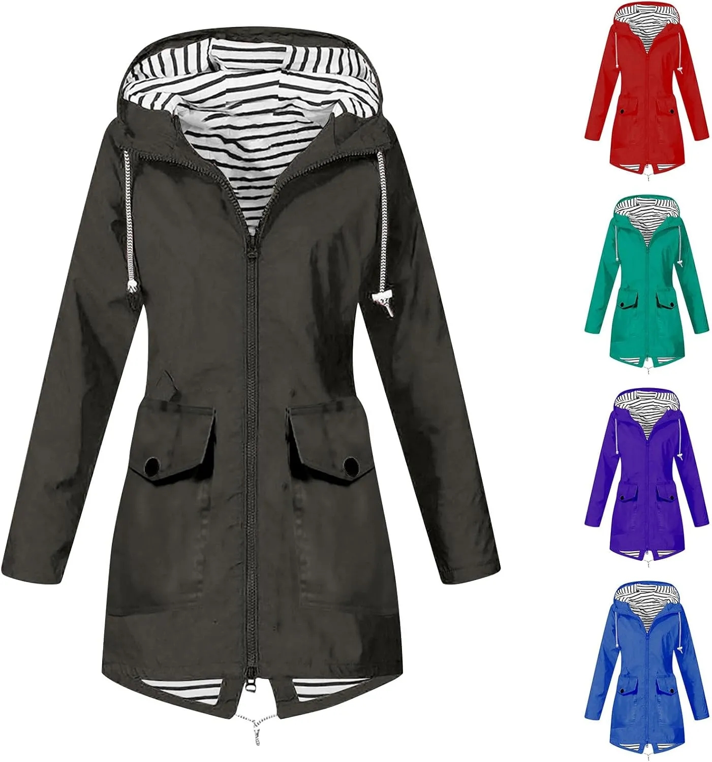 Women's Raincoat Windbreaker Zipper Hoodies Rain Jacket Waterproof Lightweight Outdoor Rain Coat Hooded Trench Coats