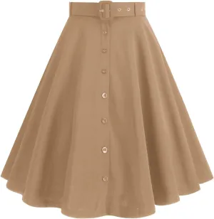 Womens Retro High Waisted Skirts Vintage Stretch A Line Flared Midi Skirt Knee Length Casual Dress Summer Clothes