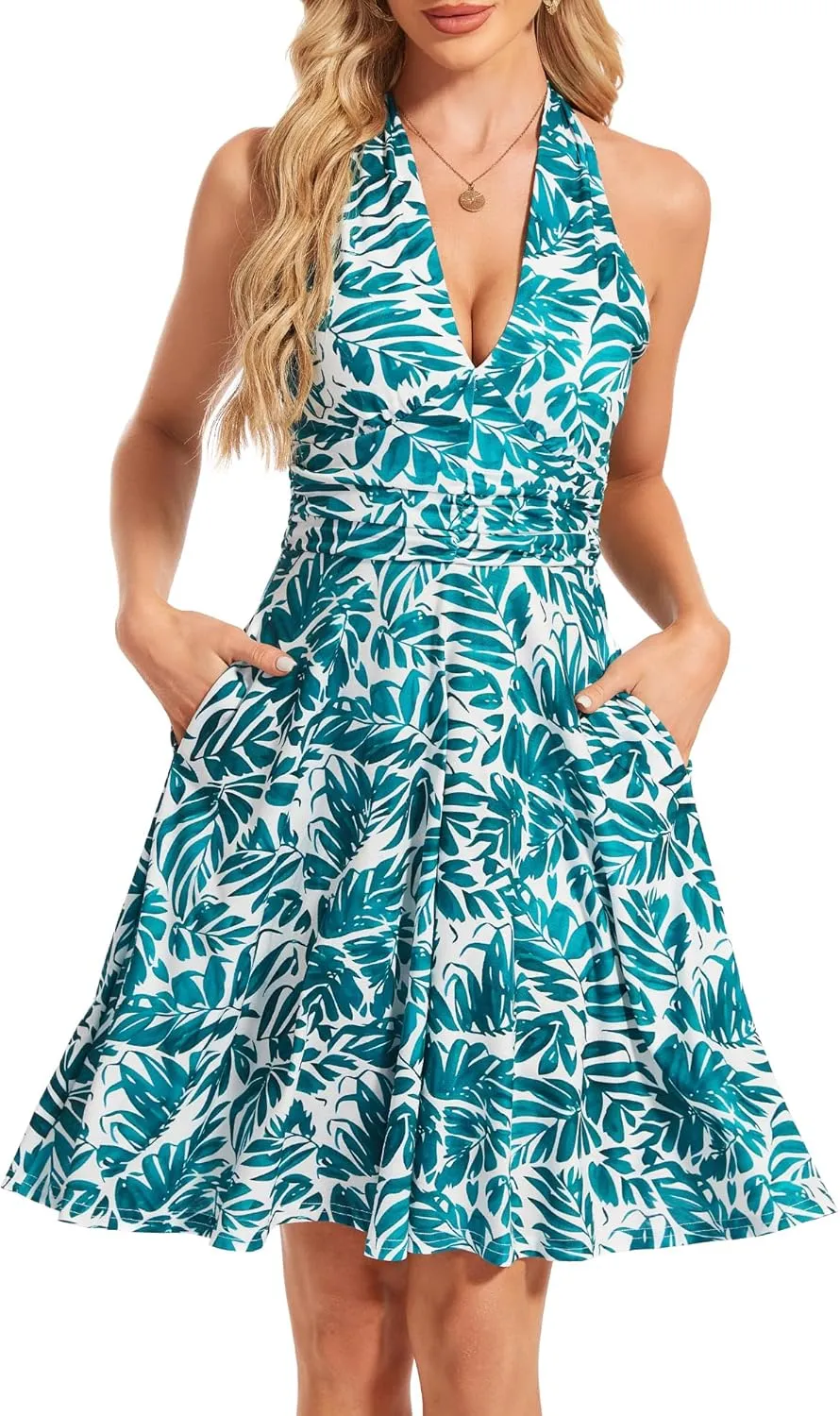 Women's Sexy Sundress Halter V Neck Tie Back Sleeveless Ruffle Mini Short Summer Beach Dresses