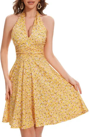 Women's Sexy Sundress Halter V Neck Tie Back Sleeveless Ruffle Mini Short Summer Beach Dresses