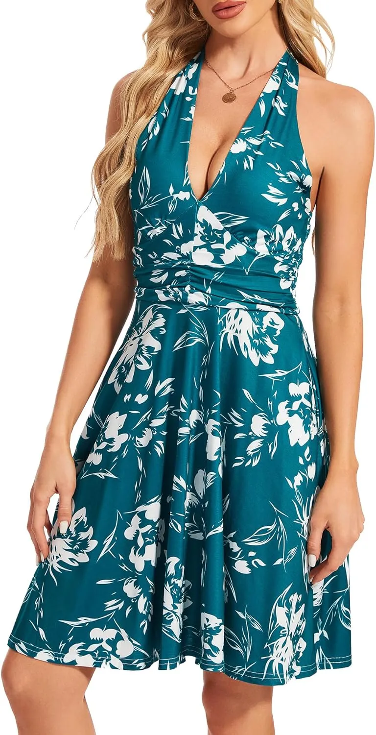 Women's Sexy Sundress Halter V Neck Tie Back Sleeveless Ruffle Mini Short Summer Beach Dresses