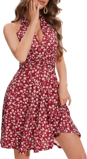 Women's Sexy Sundress Halter V Neck Tie Back Sleeveless Ruffle Mini Short Summer Beach Dresses