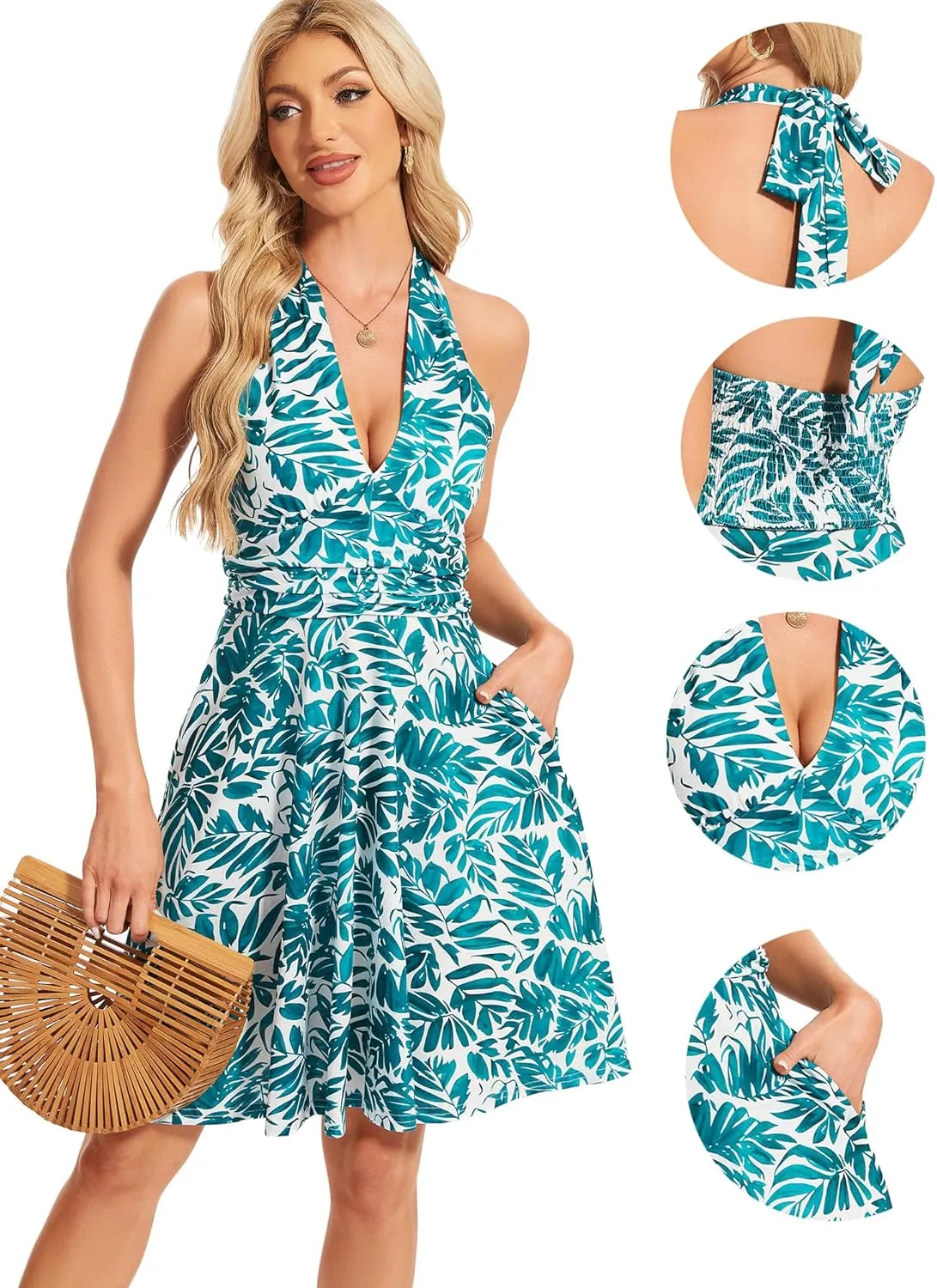 Women's Sexy Sundress Halter V Neck Tie Back Sleeveless Ruffle Mini Short Summer Beach Dresses