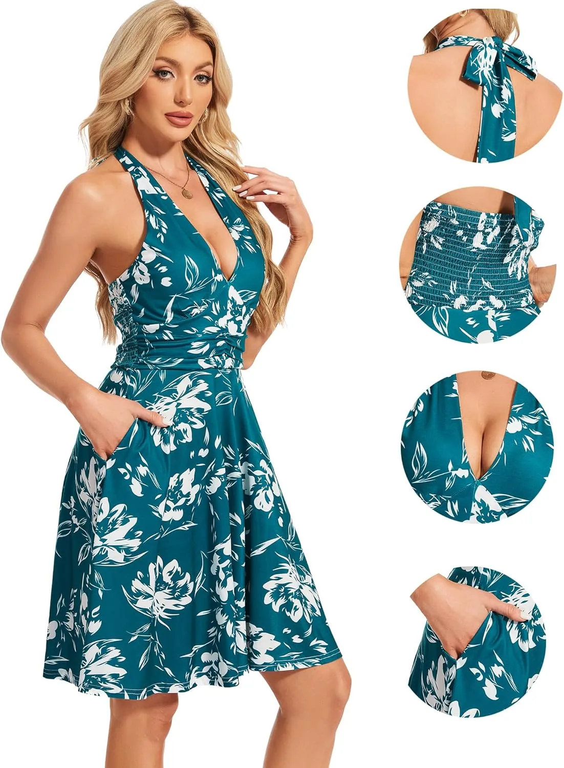 Women's Sexy Sundress Halter V Neck Tie Back Sleeveless Ruffle Mini Short Summer Beach Dresses