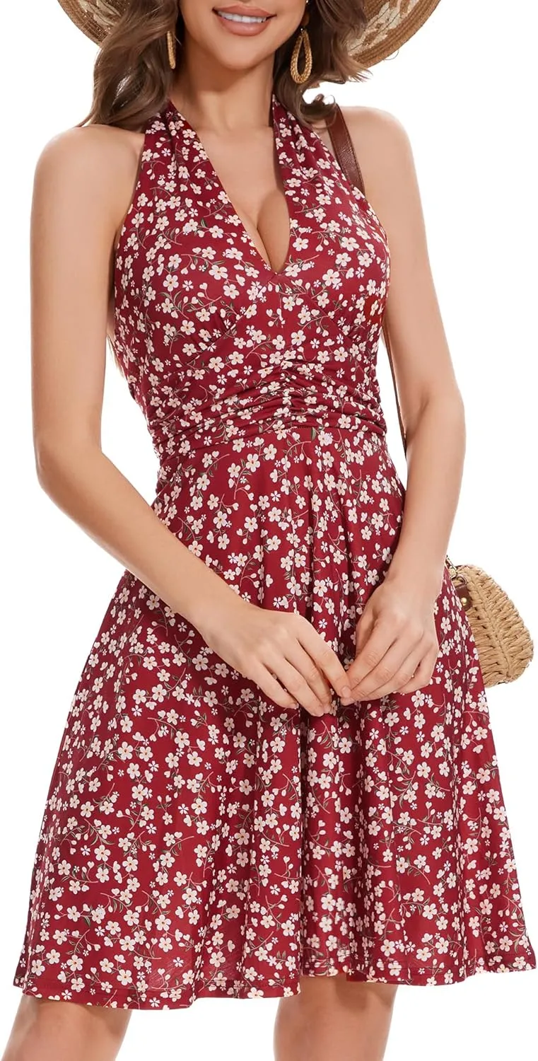 Women's Sexy Sundress Halter V Neck Tie Back Sleeveless Ruffle Mini Short Summer Beach Dresses