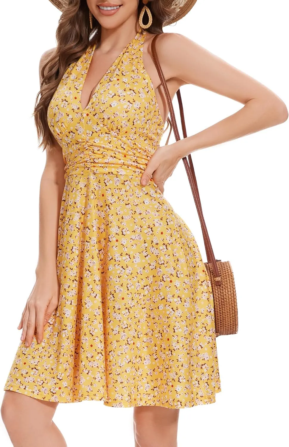 Women's Sexy Sundress Halter V Neck Tie Back Sleeveless Ruffle Mini Short Summer Beach Dresses