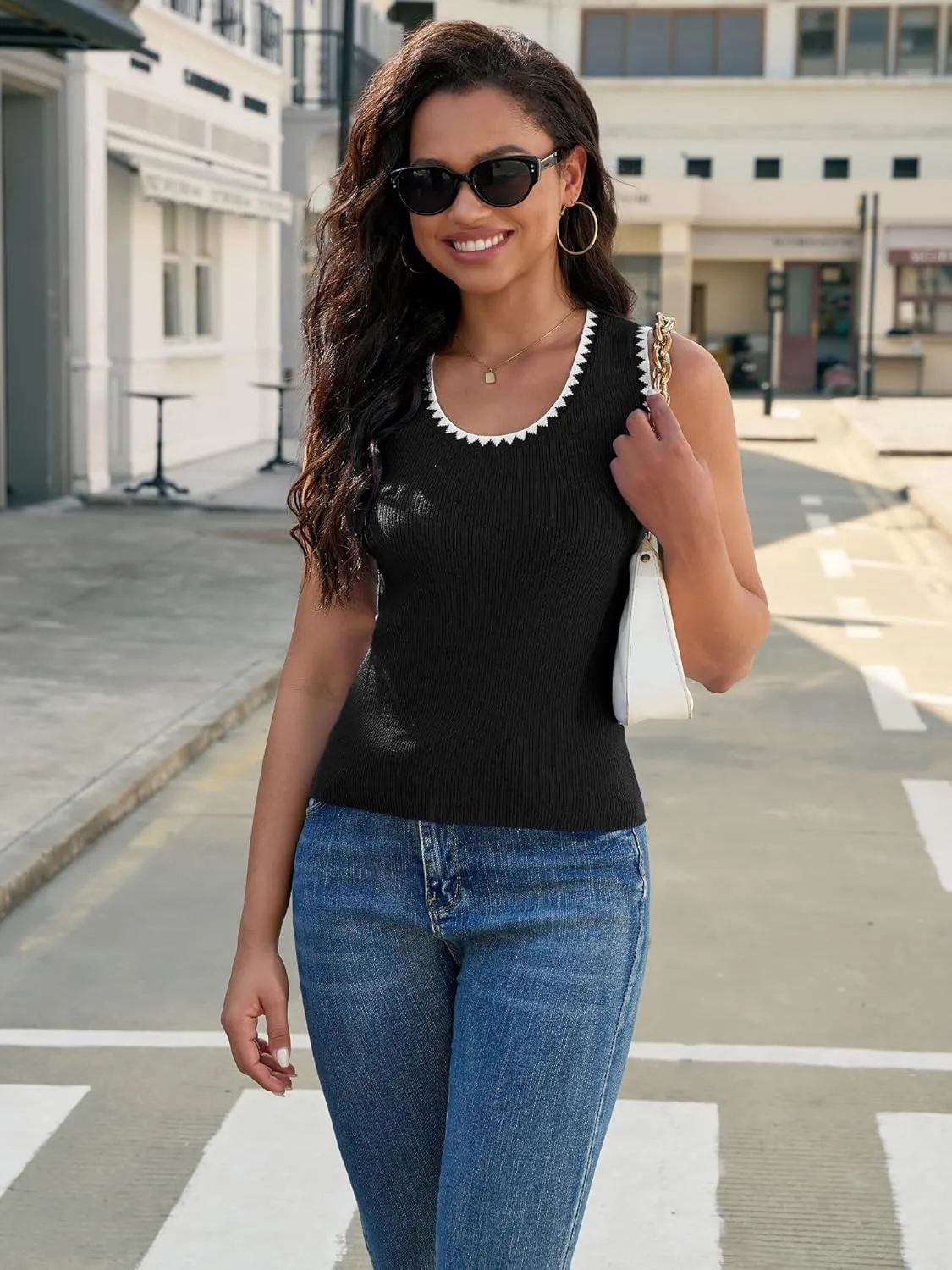 Womens Sleeveless Sweater Vest Summer Knit Tank Tops Scoop Neck Color Block Ribbed Casual Shirts 2025