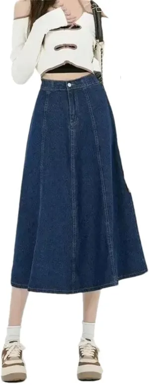 Women's Slim Fit Mid-Length A-Line Draped Umbrella Skirt High-Waisted Elastic Waist Denim Long Dress