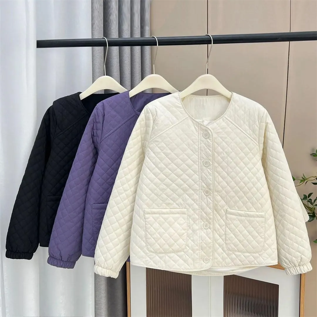 Women's Spring Autumn Collarless Argyle Thin Cotton-Padded Coat Casual Warm Parkas