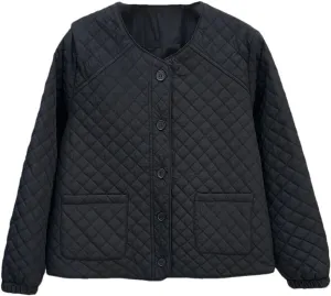 Women's Spring Autumn Collarless Argyle Thin Cotton-Padded Coat Casual Warm Parkas