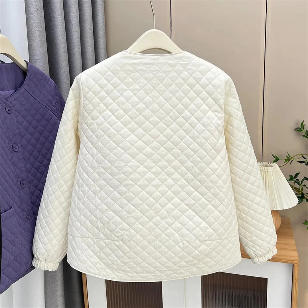 Women's Spring Autumn Collarless Argyle Thin Cotton-Padded Coat Casual Warm Parkas