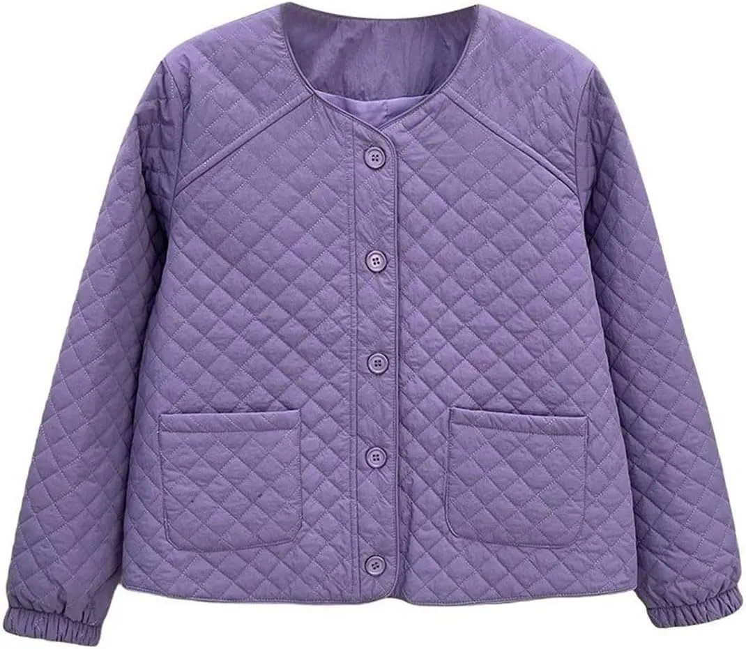 Women's Spring Autumn Collarless Argyle Thin Cotton-Padded Coat Casual Warm Parkas