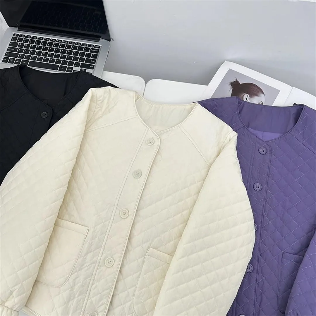 Women's Spring Autumn Collarless Argyle Thin Cotton-Padded Coat Casual Warm Parkas