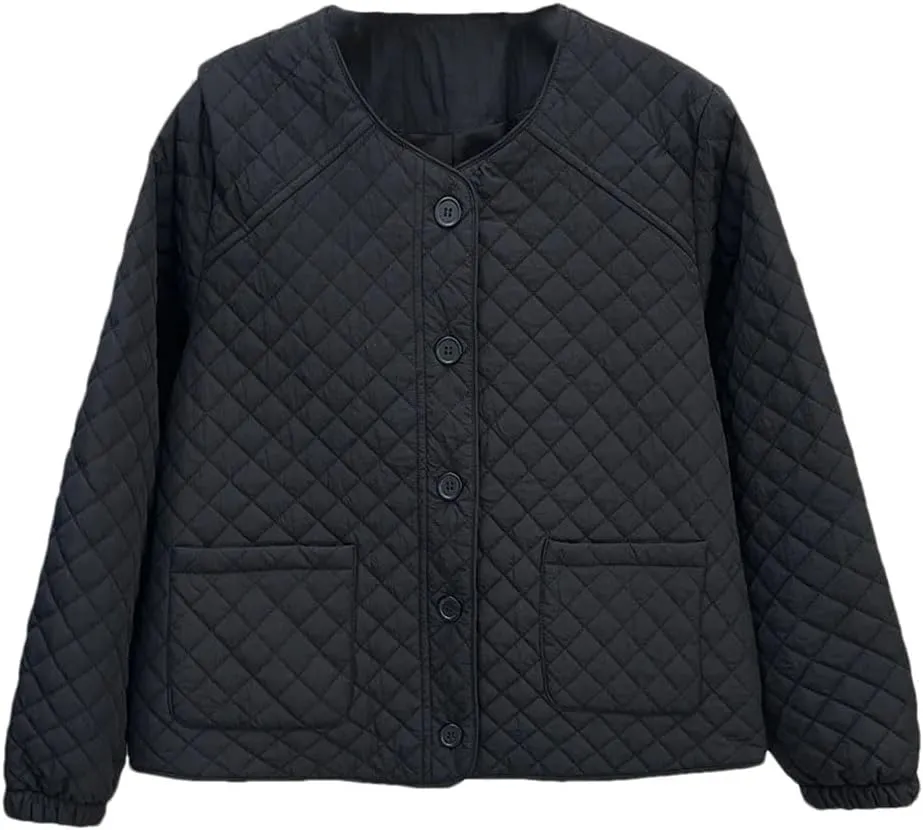 Women's Spring Autumn Collarless Argyle Thin Cotton-Padded Coat Casual Warm Parkas