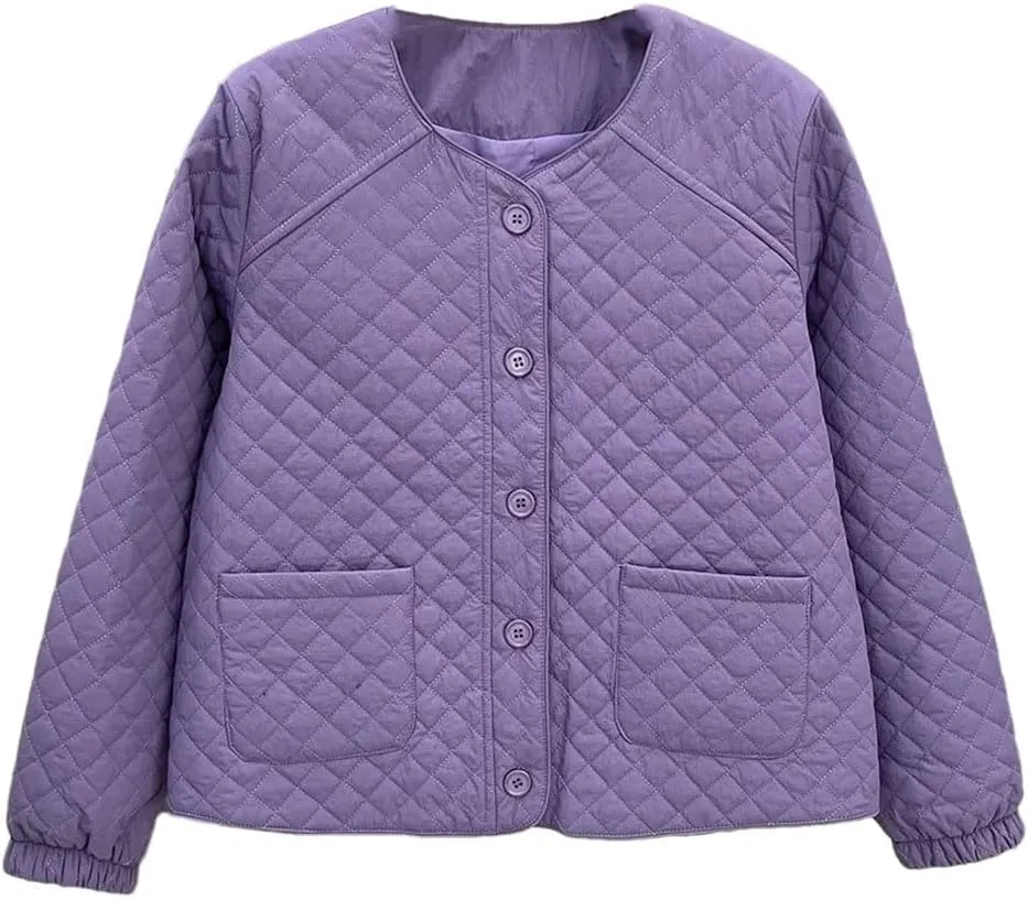 Women's Spring Autumn Collarless Argyle Thin Cotton-Padded Coat Casual Warm Parkas