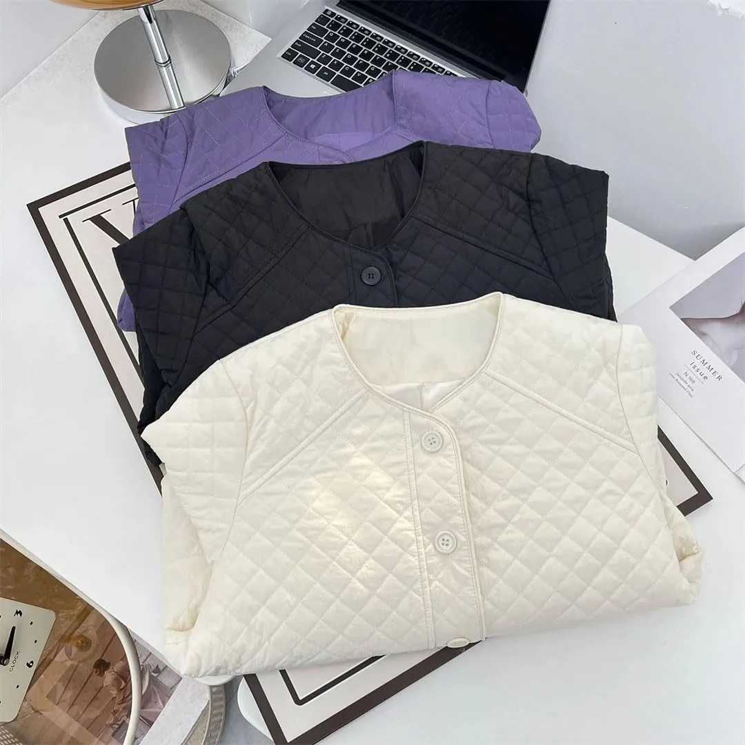 Women's Spring Autumn Collarless Argyle Thin Cotton-Padded Coat Casual Warm Parkas