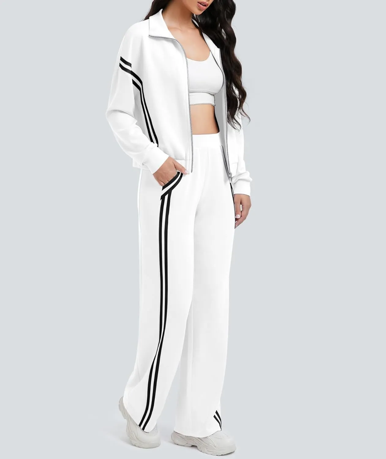 Womens Sweatsuits 2 Piece Set Zipper Stand Collar Jackets High Waist Track Pants Sets
