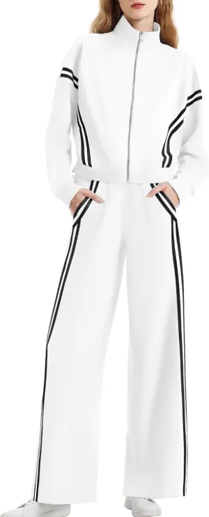 Womens Sweatsuits 2 Piece Set Zipper Stand Collar Jackets High Waist Track Pants Sets