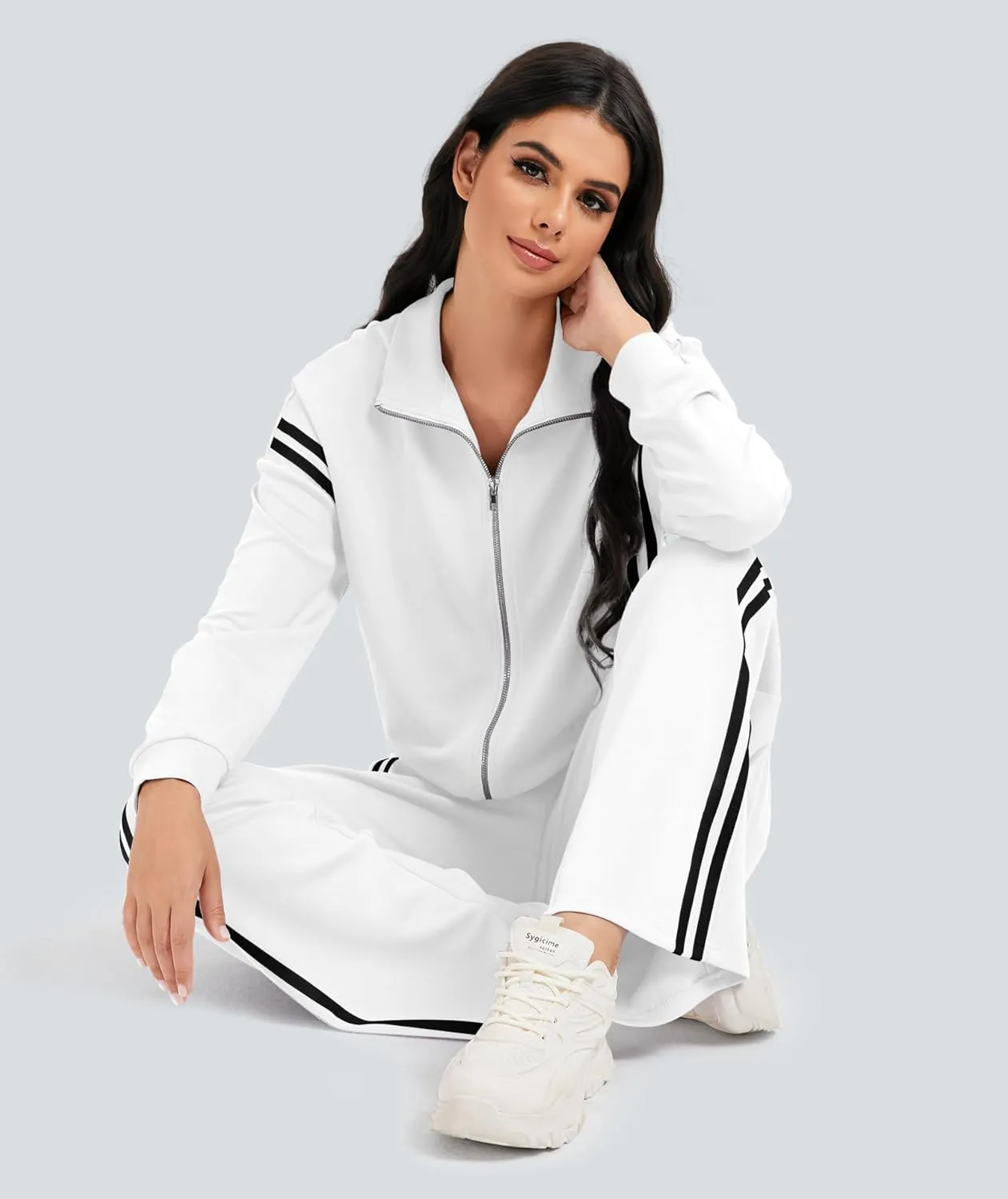 Womens Sweatsuits 2 Piece Set Zipper Stand Collar Jackets High Waist Track Pants Sets
