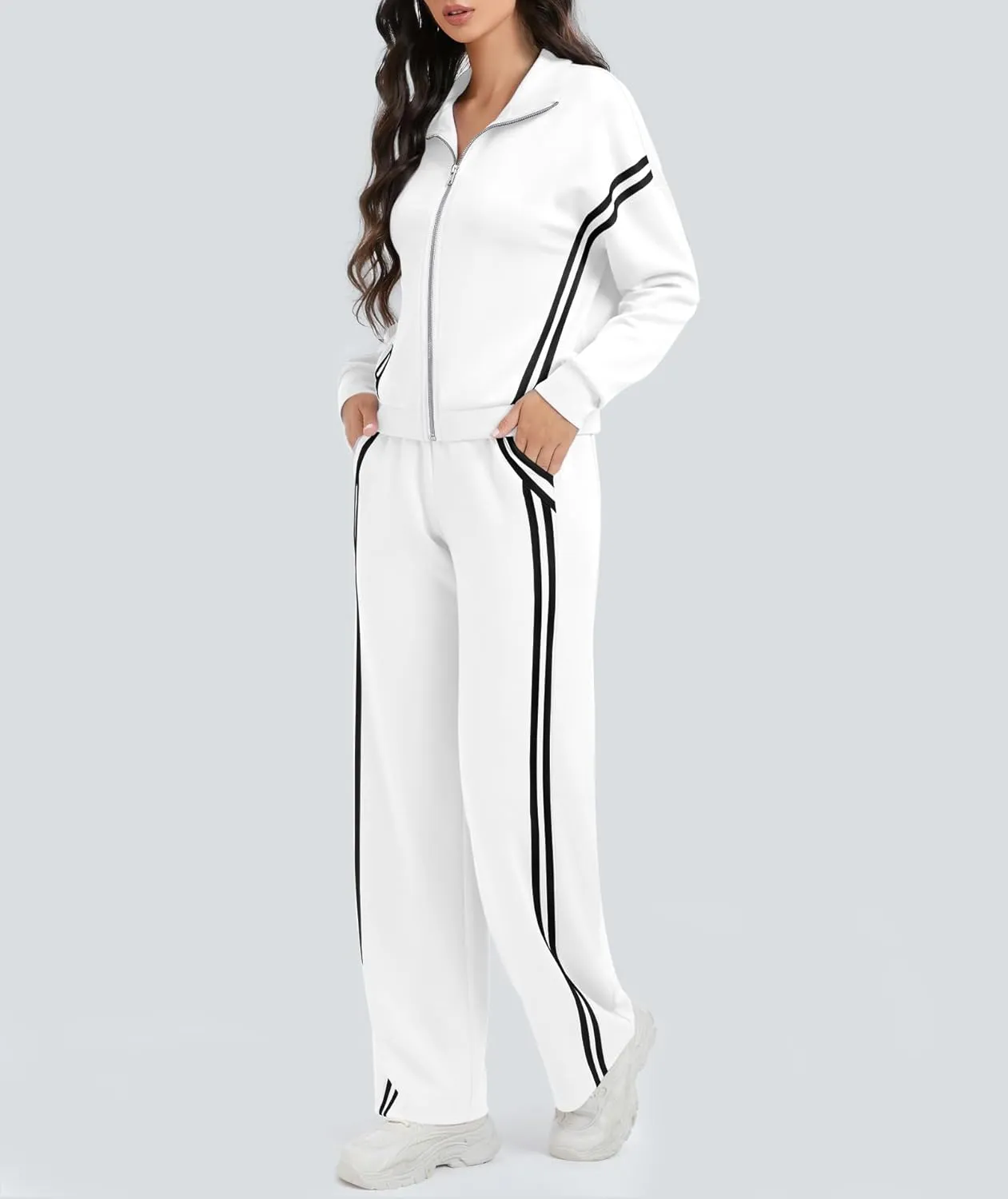 Womens Sweatsuits 2 Piece Set Zipper Stand Collar Jackets High Waist Track Pants Sets