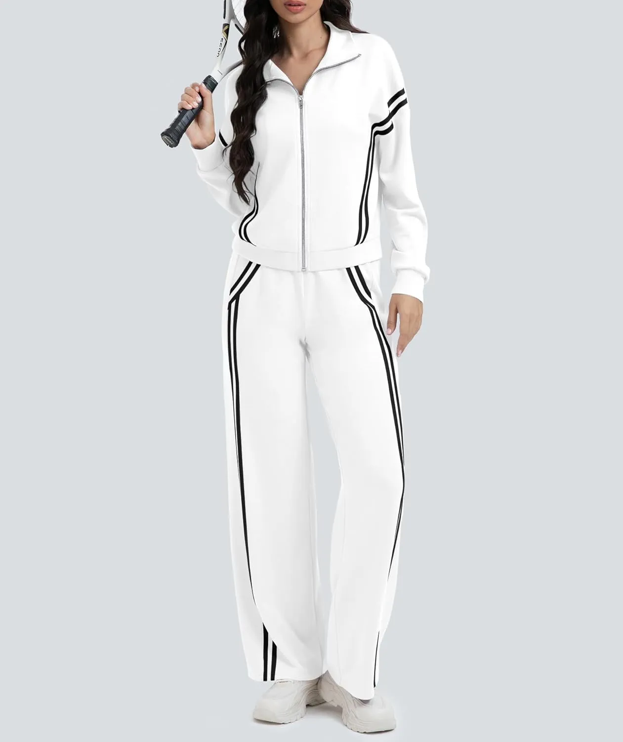 Womens Sweatsuits 2 Piece Set Zipper Stand Collar Jackets High Waist Track Pants Sets