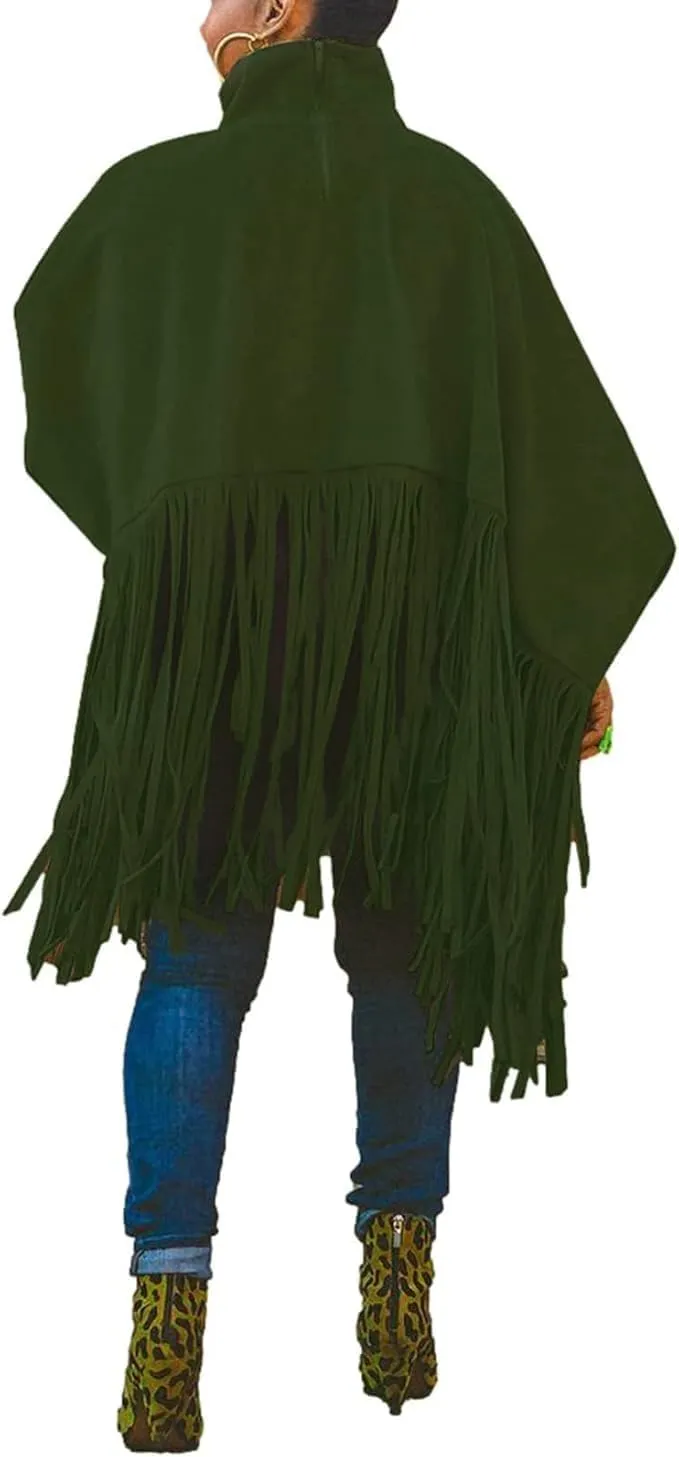 Women's Tassel Ponchos Cape Cloak Turtleneck Poncho Sweater Fringe Pullover Shawl Tops