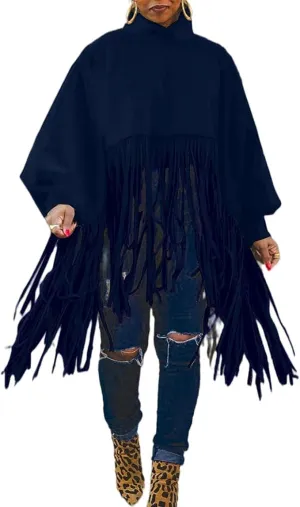 Women's Tassel Ponchos Cape Cloak Turtleneck Poncho Sweater Fringe Pullover Shawl Tops