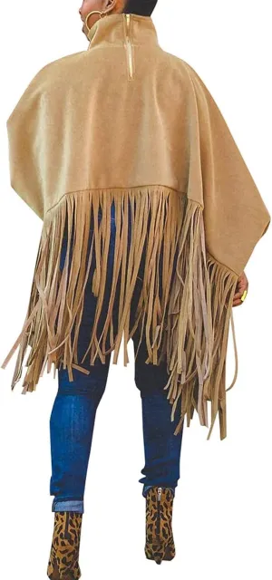 Women's Tassel Ponchos Cape Cloak Turtleneck Poncho Sweater Fringe Pullover Shawl Tops
