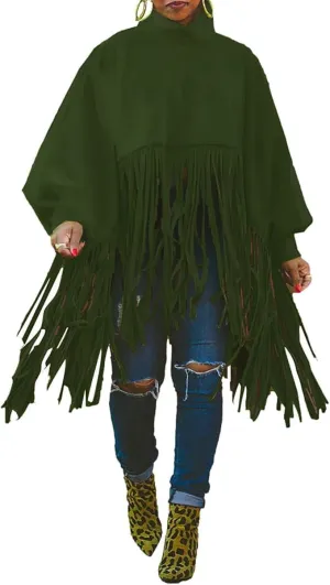 Women's Tassel Ponchos Cape Cloak Turtleneck Poncho Sweater Fringe Pullover Shawl Tops