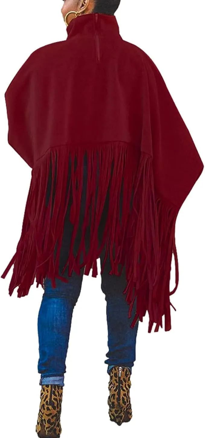Women's Tassel Ponchos Cape Cloak Turtleneck Poncho Sweater Fringe Pullover Shawl Tops