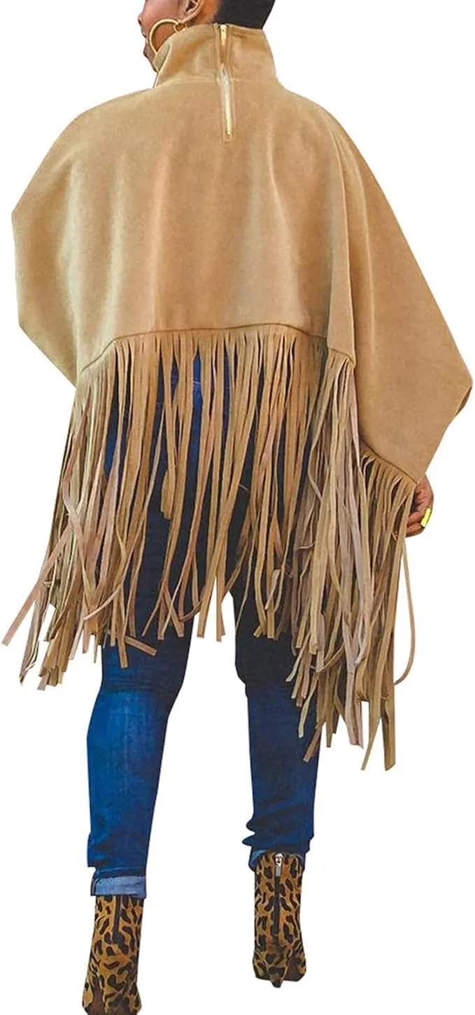 Women's Tassel Ponchos Cape Cloak Turtleneck Poncho Sweater Fringe Pullover Shawl Tops