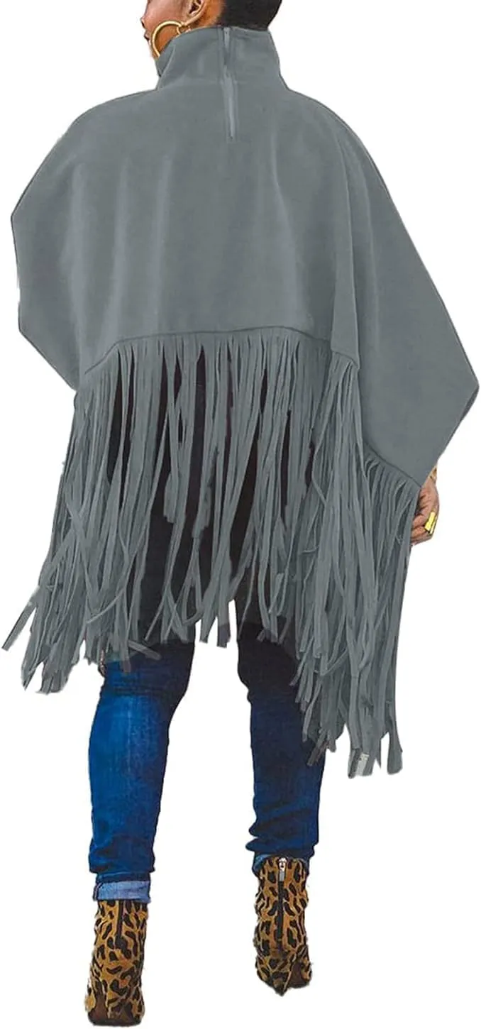 Women's Tassel Ponchos Cape Cloak Turtleneck Poncho Sweater Fringe Pullover Shawl Tops