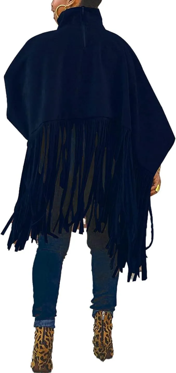 Women's Tassel Ponchos Cape Cloak Turtleneck Poncho Sweater Fringe Pullover Shawl Tops